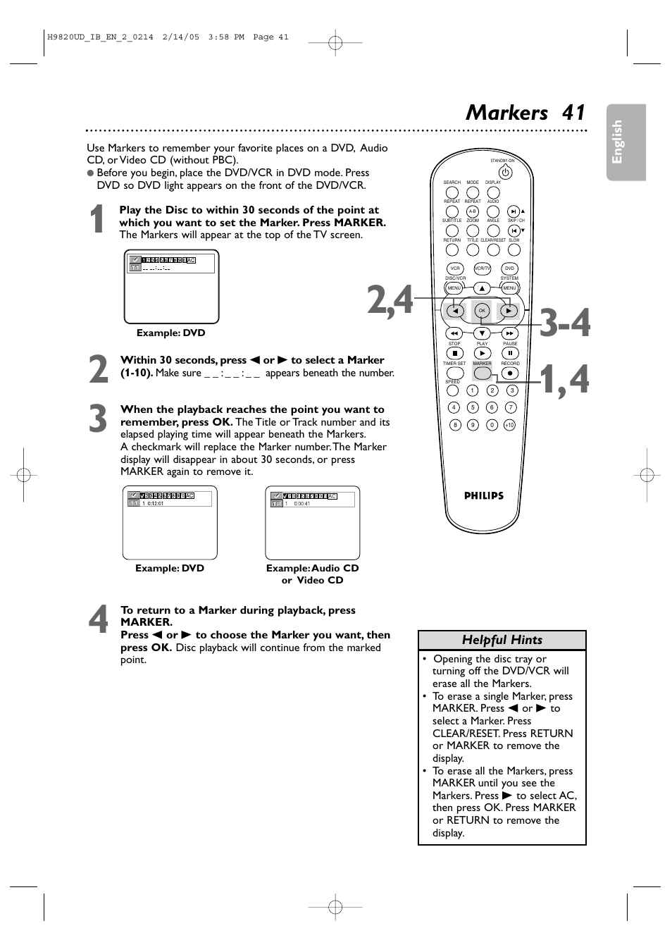 Markers 4 1, English, Helpful hints | Philips DVP3050V/37 User Manual | Page 41 / 66