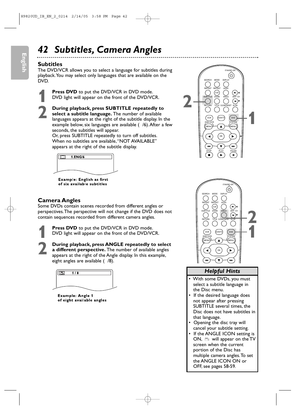 42 subtitles, camera angles, English, Subtitles | Camera angles, Helpful hints | Philips DVP3050V/37 User Manual | Page 42 / 66