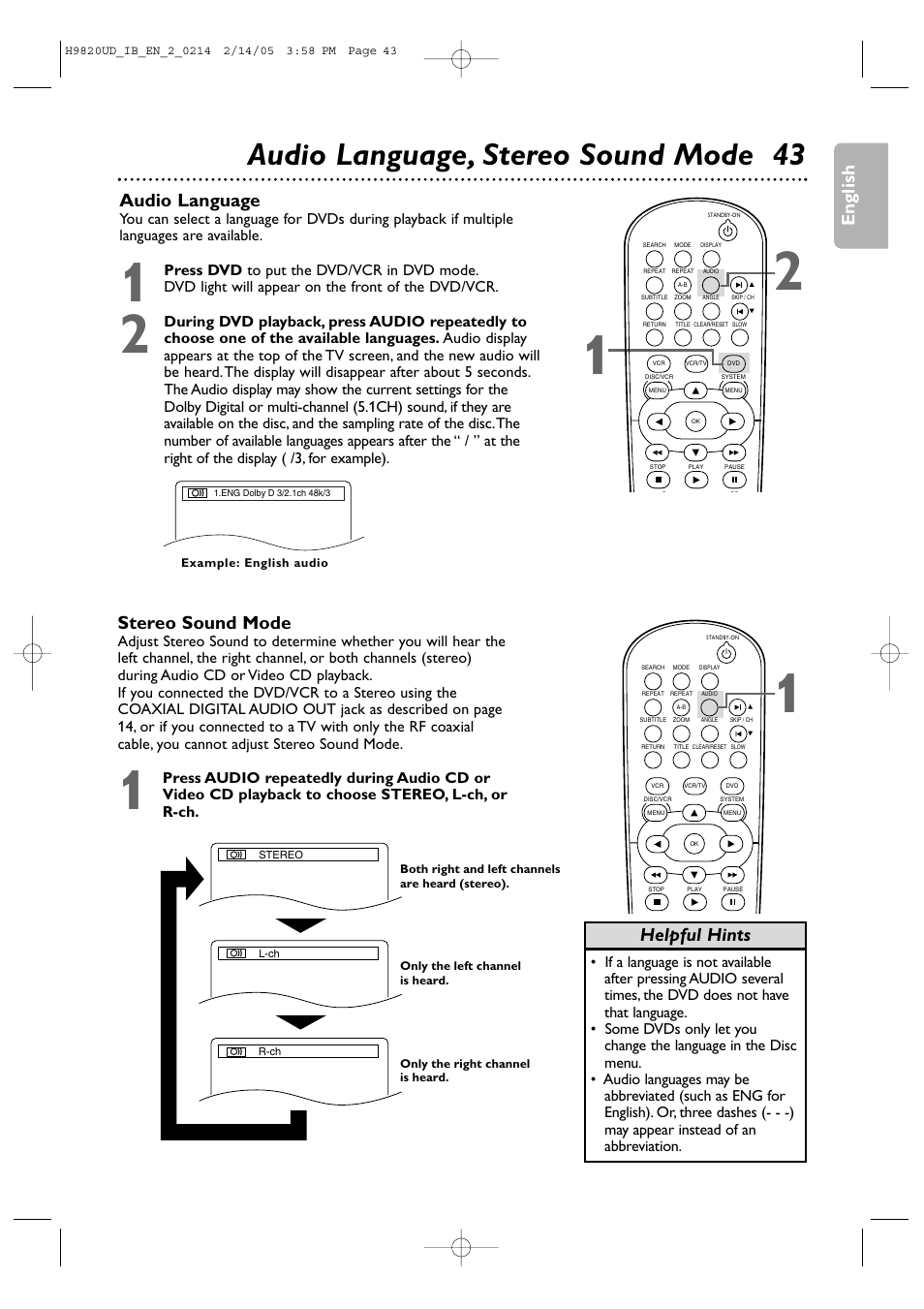 Audio language, stereo sound mode 43, English, Audio language | Helpful hints stereo sound mode | Philips DVP3050V/37 User Manual | Page 43 / 66