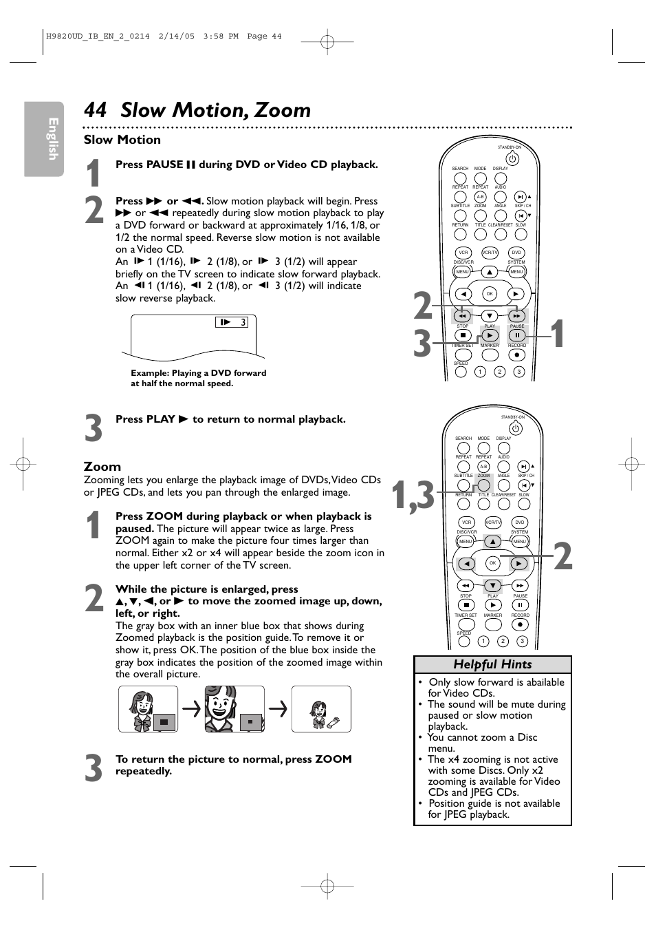 44 slow motion, zoom, English, Slow motion | Zoom, Helpful hints | Philips DVP3050V/37 User Manual | Page 44 / 66