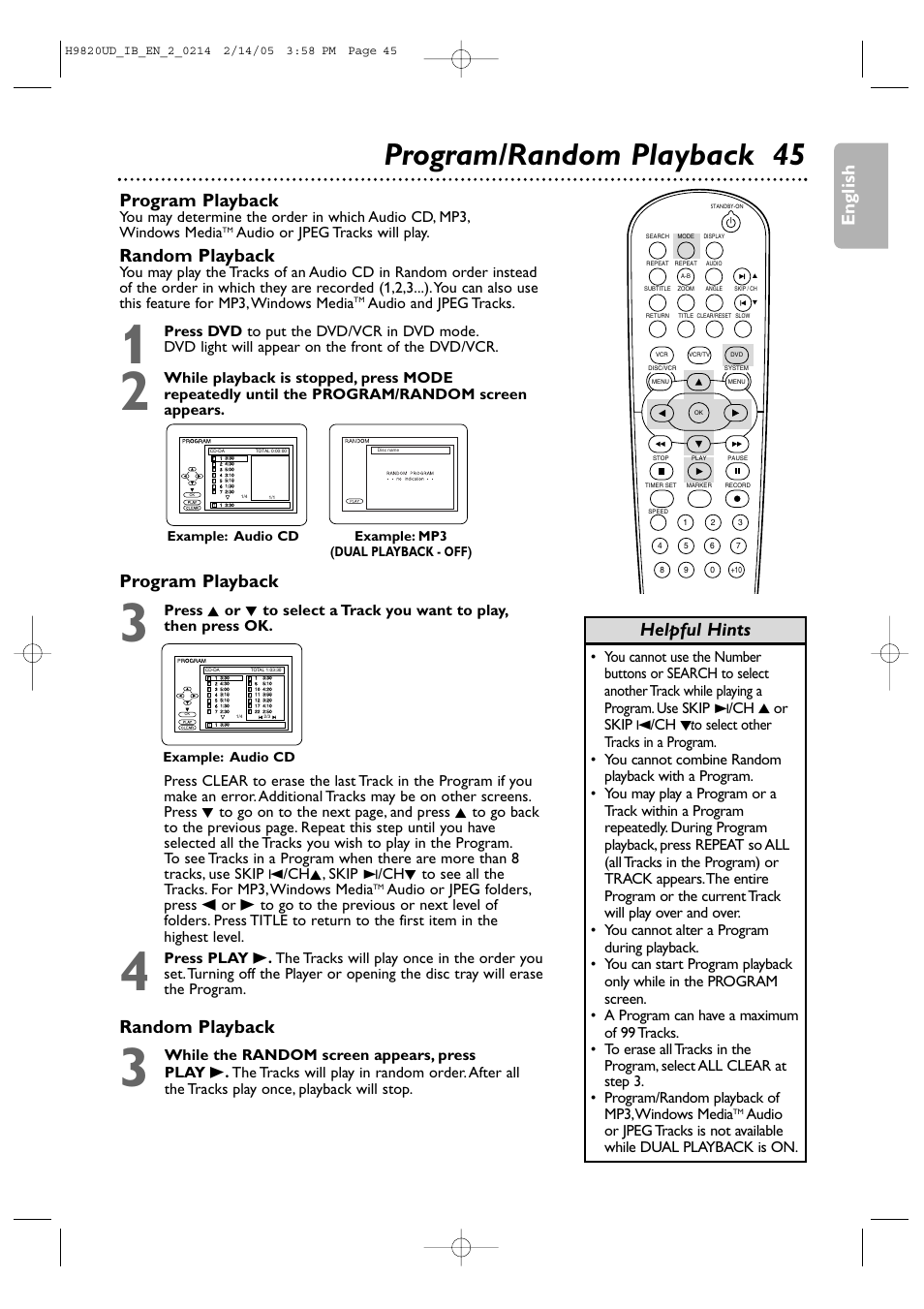 Program/random playback 45, English, Program playback | Random playback, Helpful hints, Program playback random playback, Audio or jpeg tracks will play, Audio and jpeg tracks, Example: audio cd, Example: mp3 (dual playback - off) | Philips DVP3050V/37 User Manual | Page 45 / 66