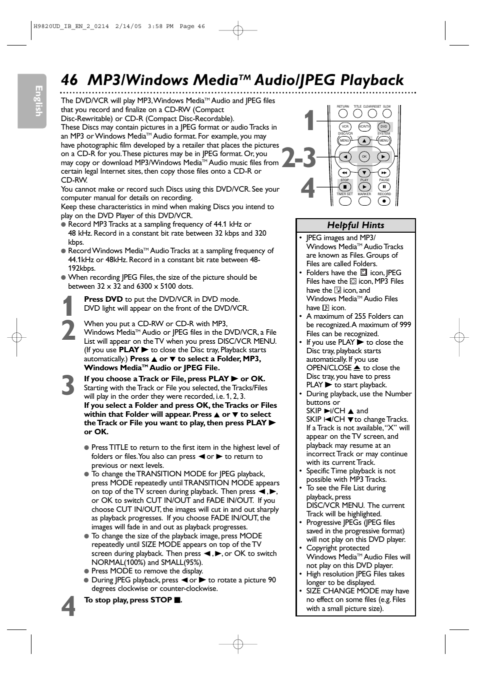 46 mp3/windows media, Audio/jpeg playback | Philips DVP3050V/37 User Manual | Page 46 / 66