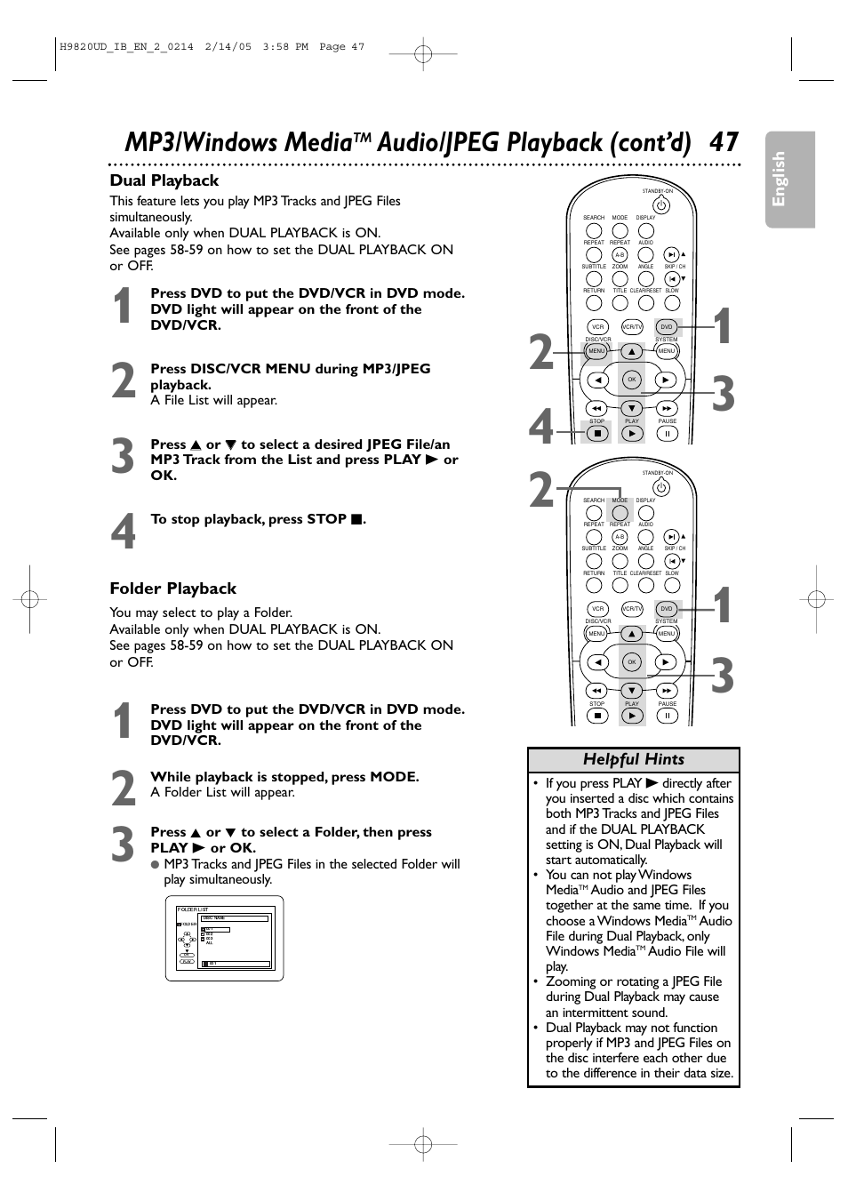Mp3/windows media, Audio/jpeg playback (cont’d) 47 | Philips DVP3050V/37 User Manual | Page 47 / 66