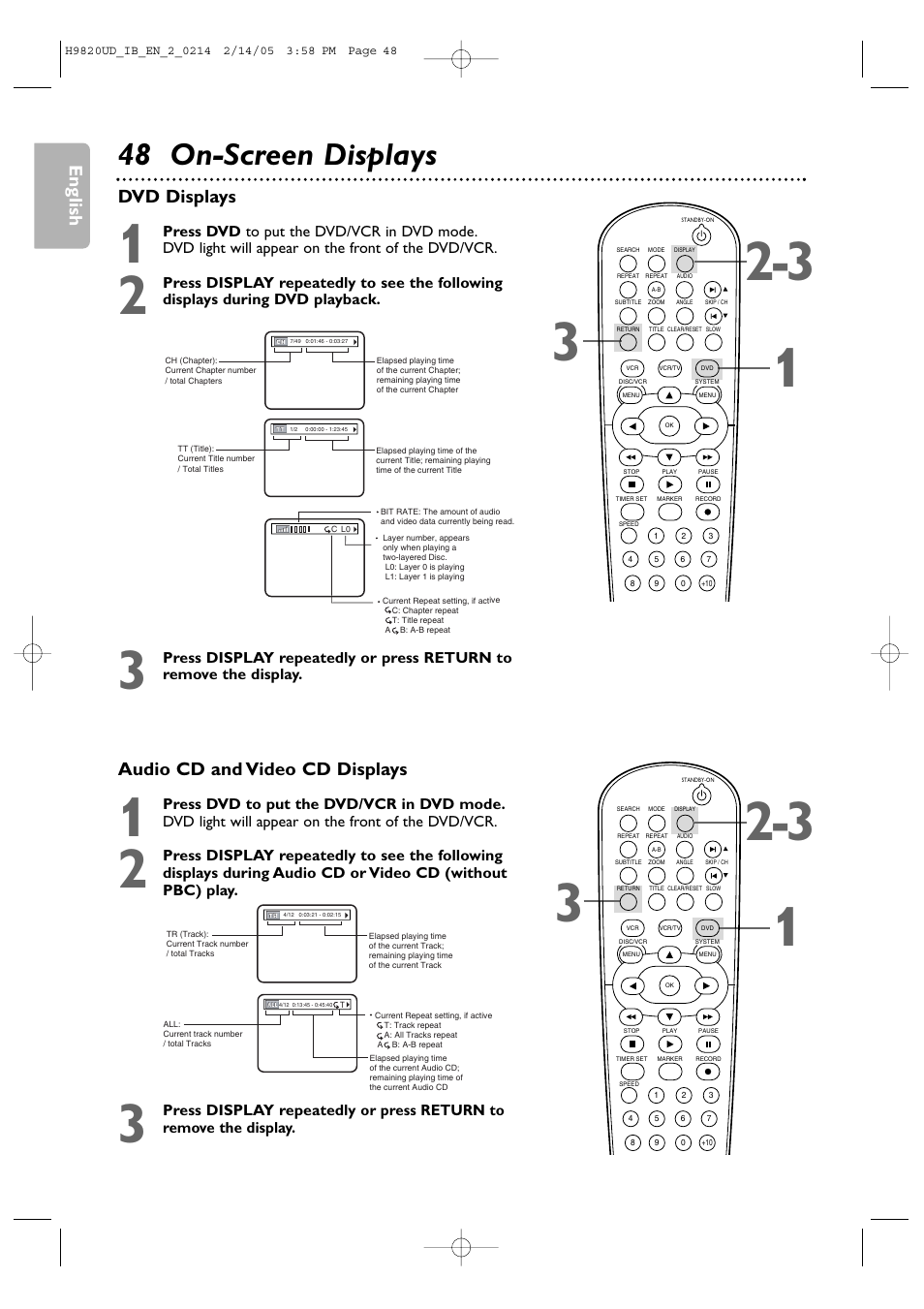 48 on-screen displays, English, Audio cd and video cd displays | Dvd displays | Philips DVP3050V/37 User Manual | Page 48 / 66