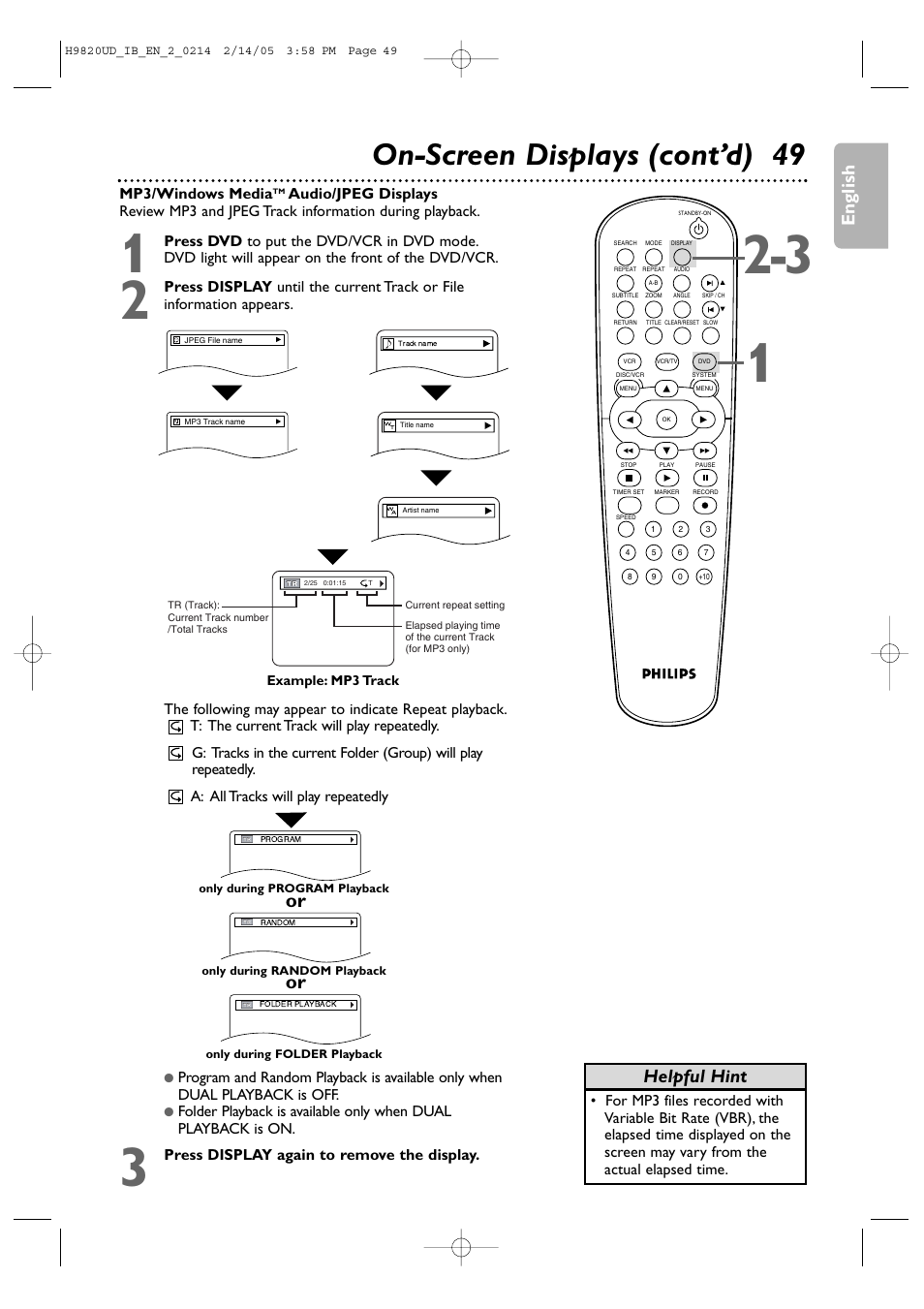 On-screen displays (cont’d) 49, English, Helpful hint | Philips DVP3050V/37 User Manual | Page 49 / 66