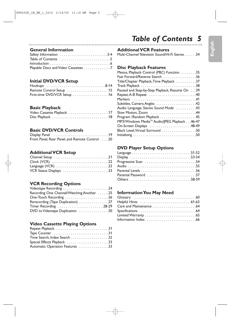 Table of contents 5 | Philips DVP3050V/37 User Manual | Page 5 / 66