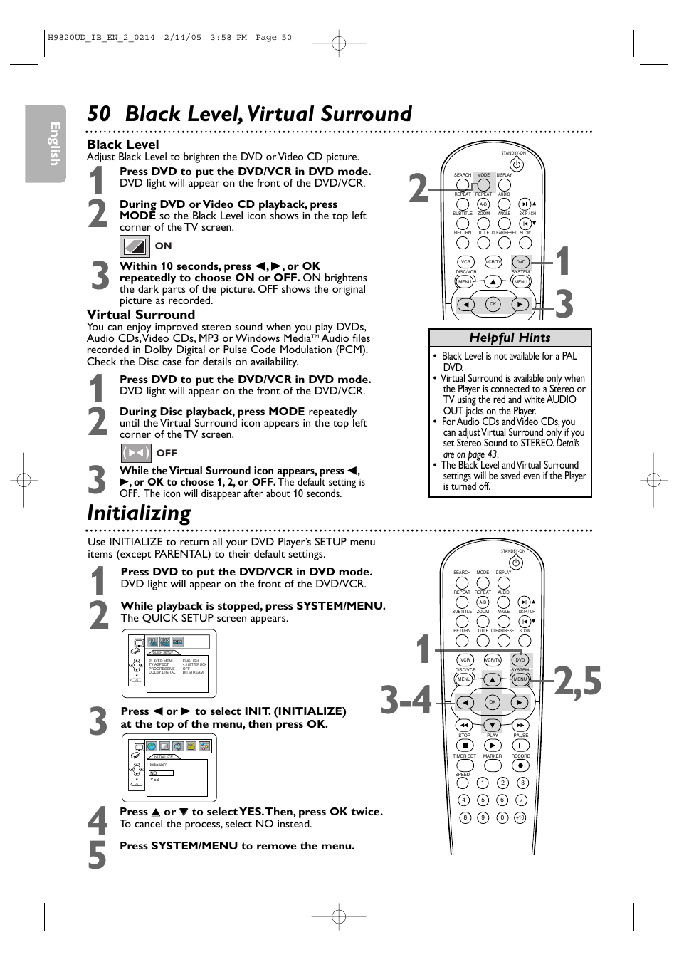 50 black level, virtual surround initializing | Philips DVP3050V/37 User Manual | Page 50 / 66