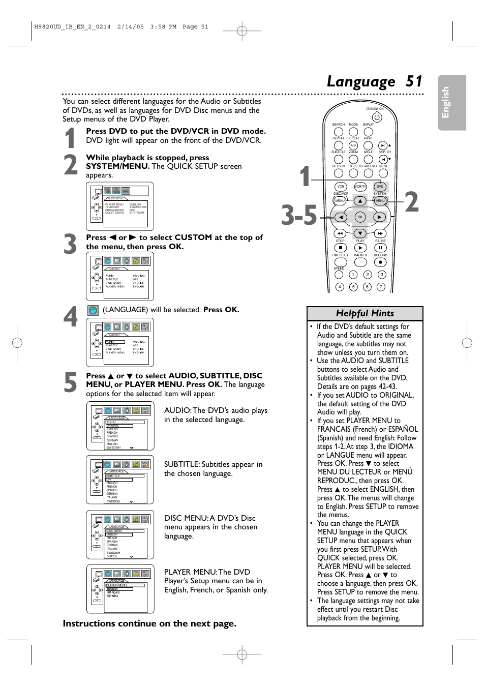 Language 5 1, English, Helpful hints | Instructions continue on the next page | Philips DVP3050V/37 User Manual | Page 51 / 66