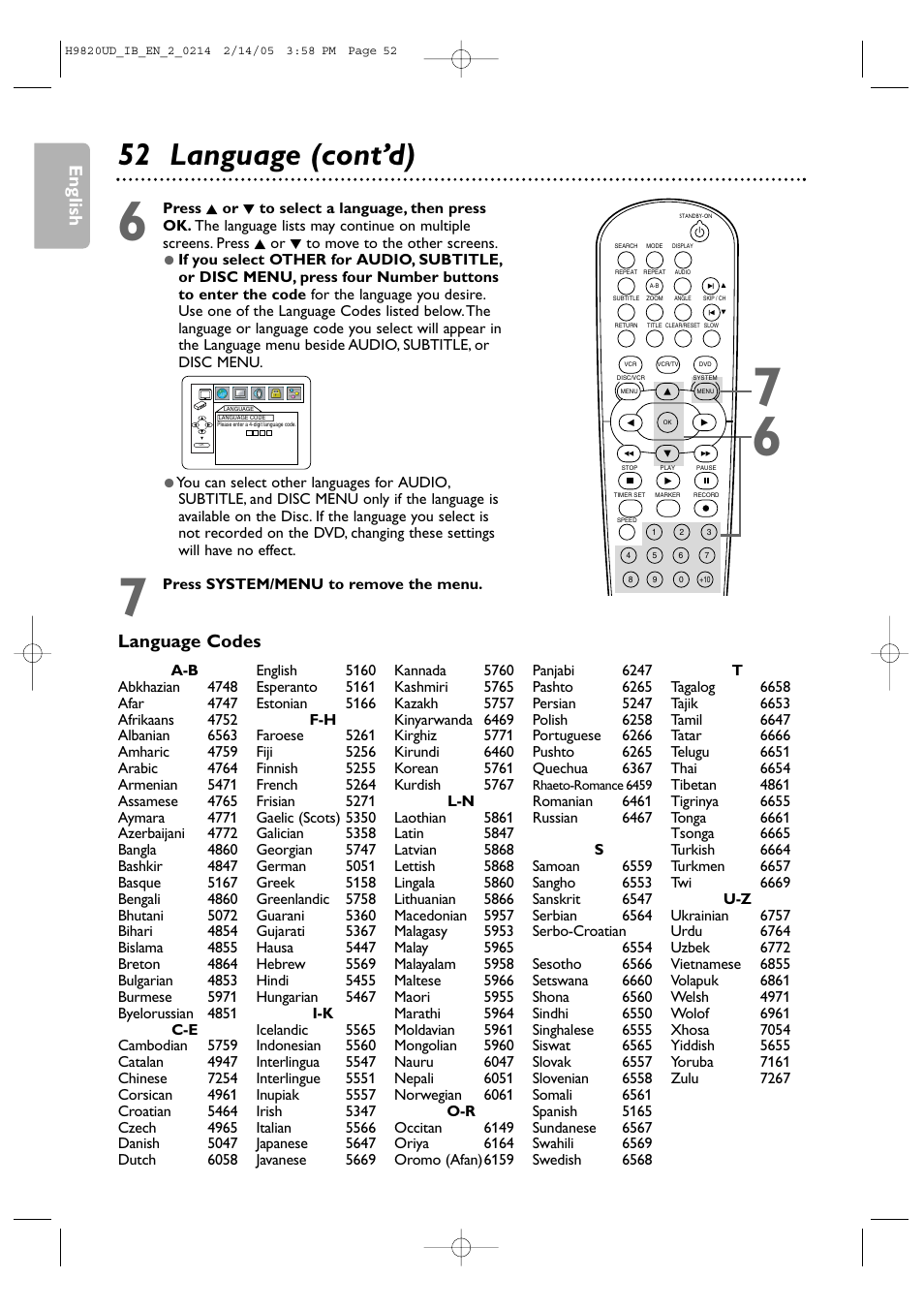 52 language (cont’d), English, Language codes | Philips DVP3050V/37 User Manual | Page 52 / 66