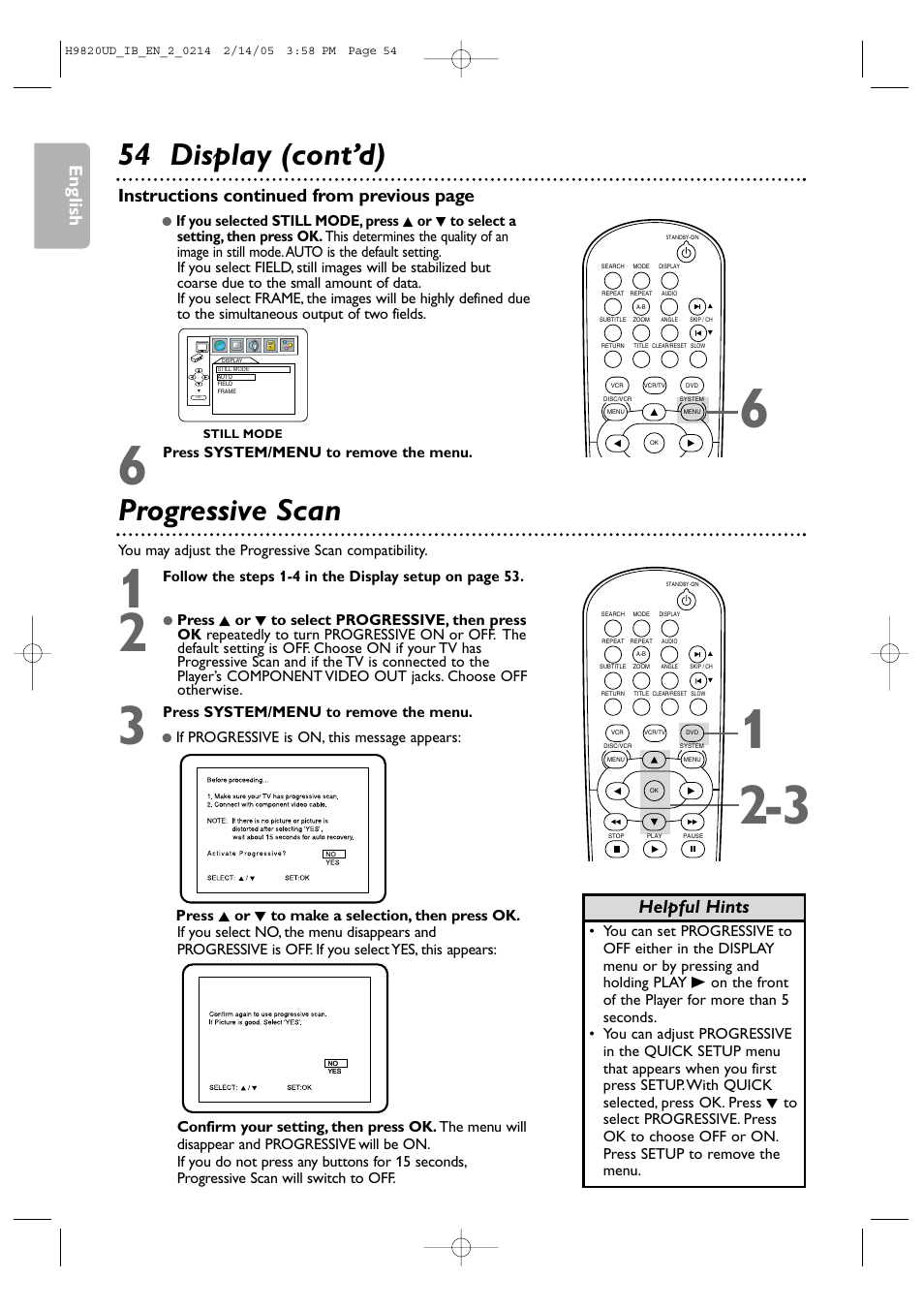 54 display (cont’d) progressive scan, English, Instructions continued from previous page | Helpful hints | Philips DVP3050V/37 User Manual | Page 54 / 66