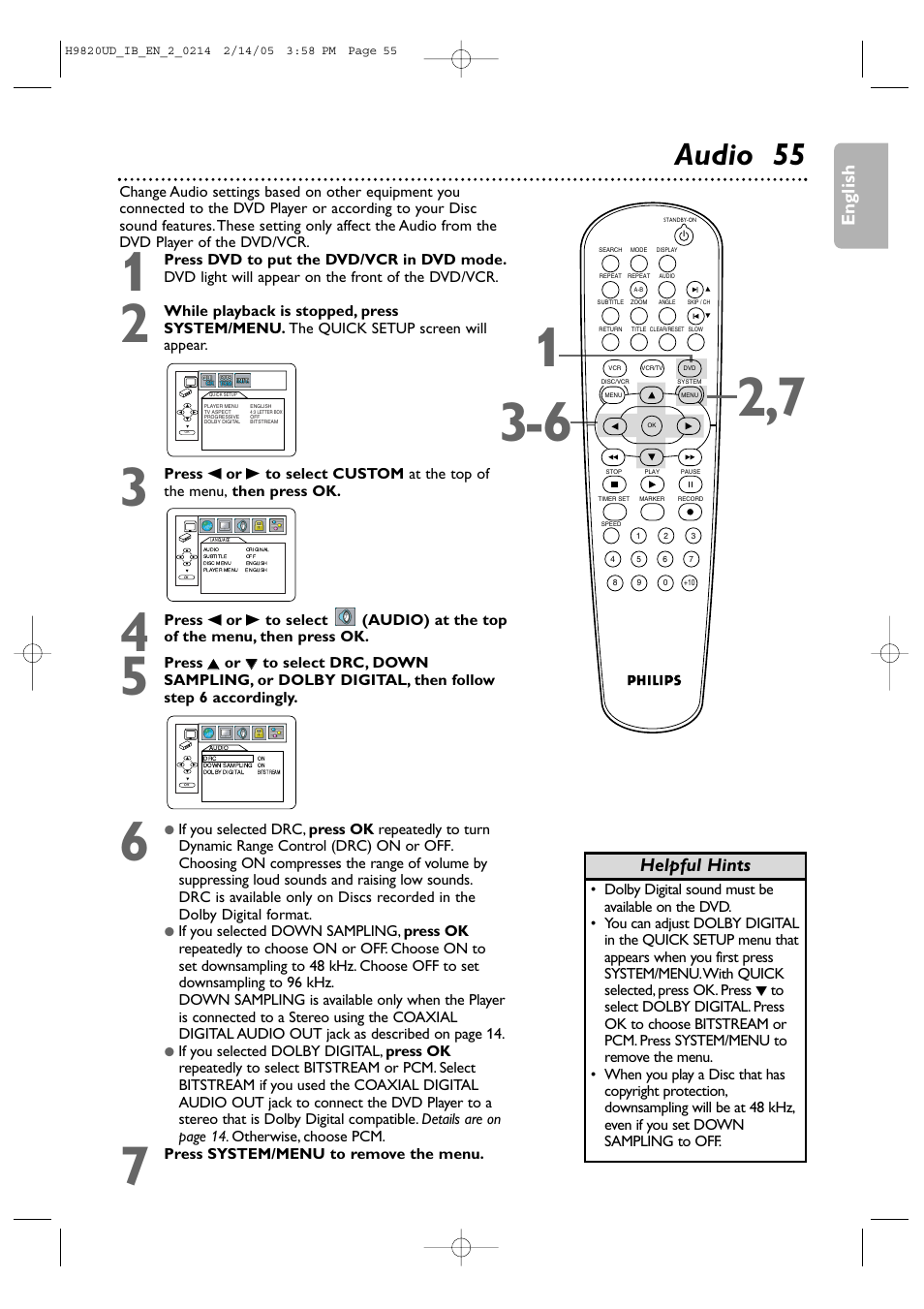Audio 55, English, Helpful hints | Philips DVP3050V/37 User Manual | Page 55 / 66