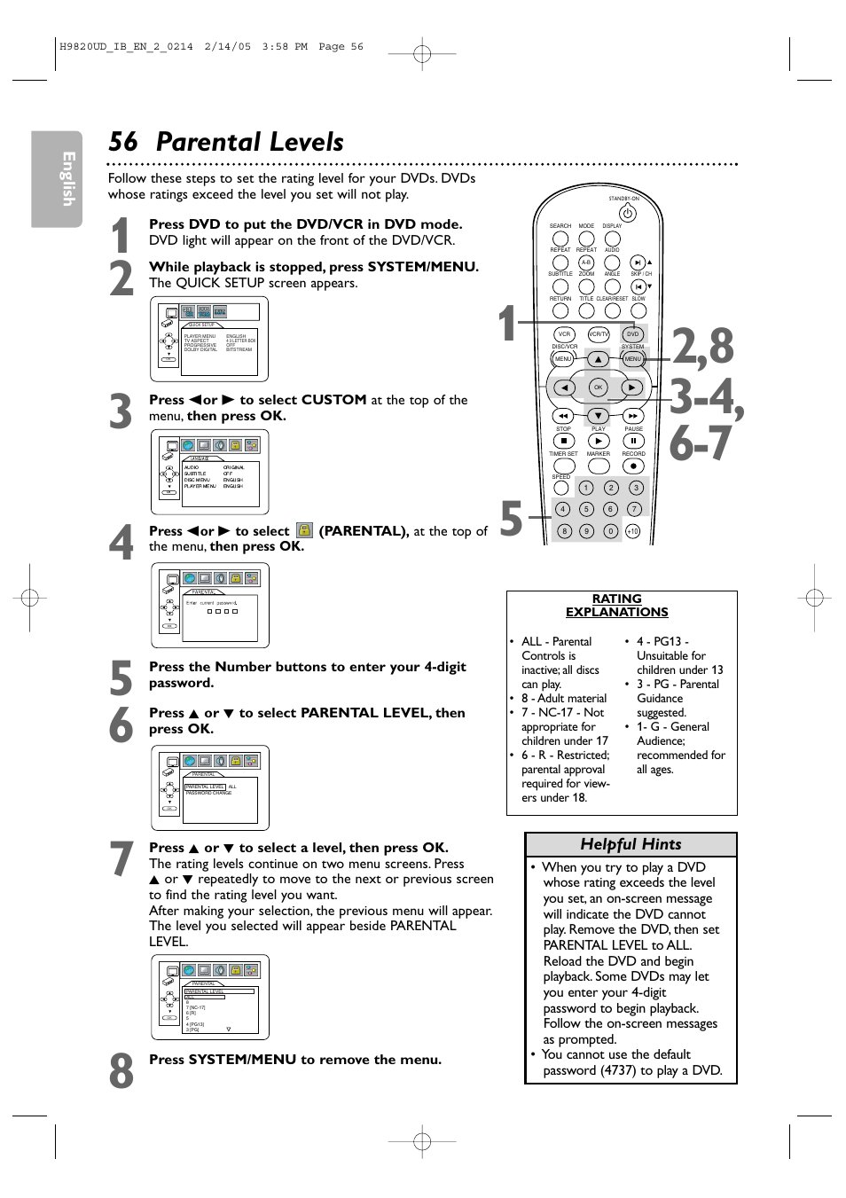 56 parental levels, English, Helpful hints | Philips DVP3050V/37 User Manual | Page 56 / 66