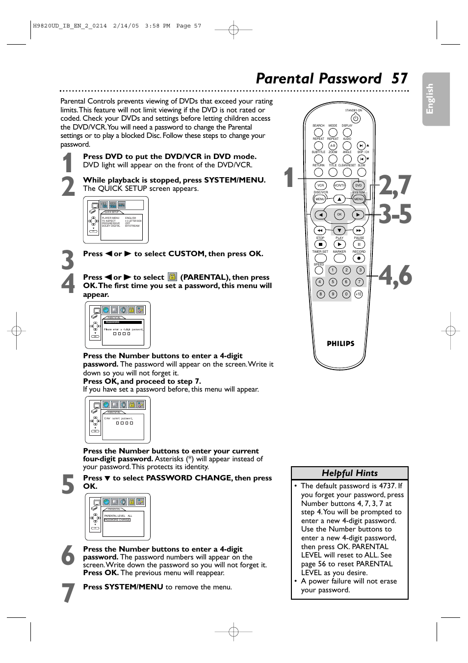 Parental password 57, English, Helpful hints | Philips DVP3050V/37 User Manual | Page 57 / 66