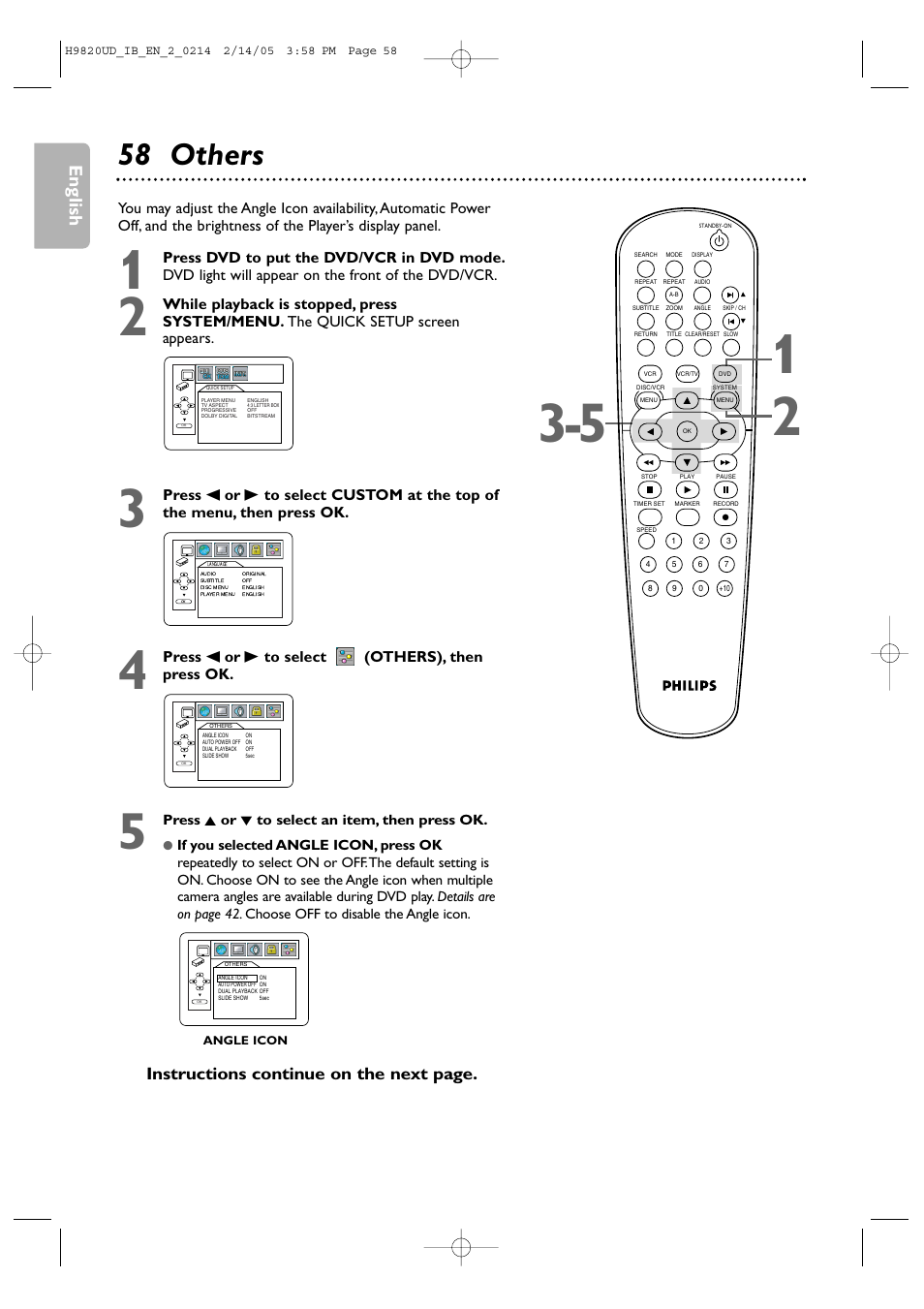 58 others, English, Instructions continue on the next page | Press s or b to select (others), then press ok | Philips DVP3050V/37 User Manual | Page 58 / 66