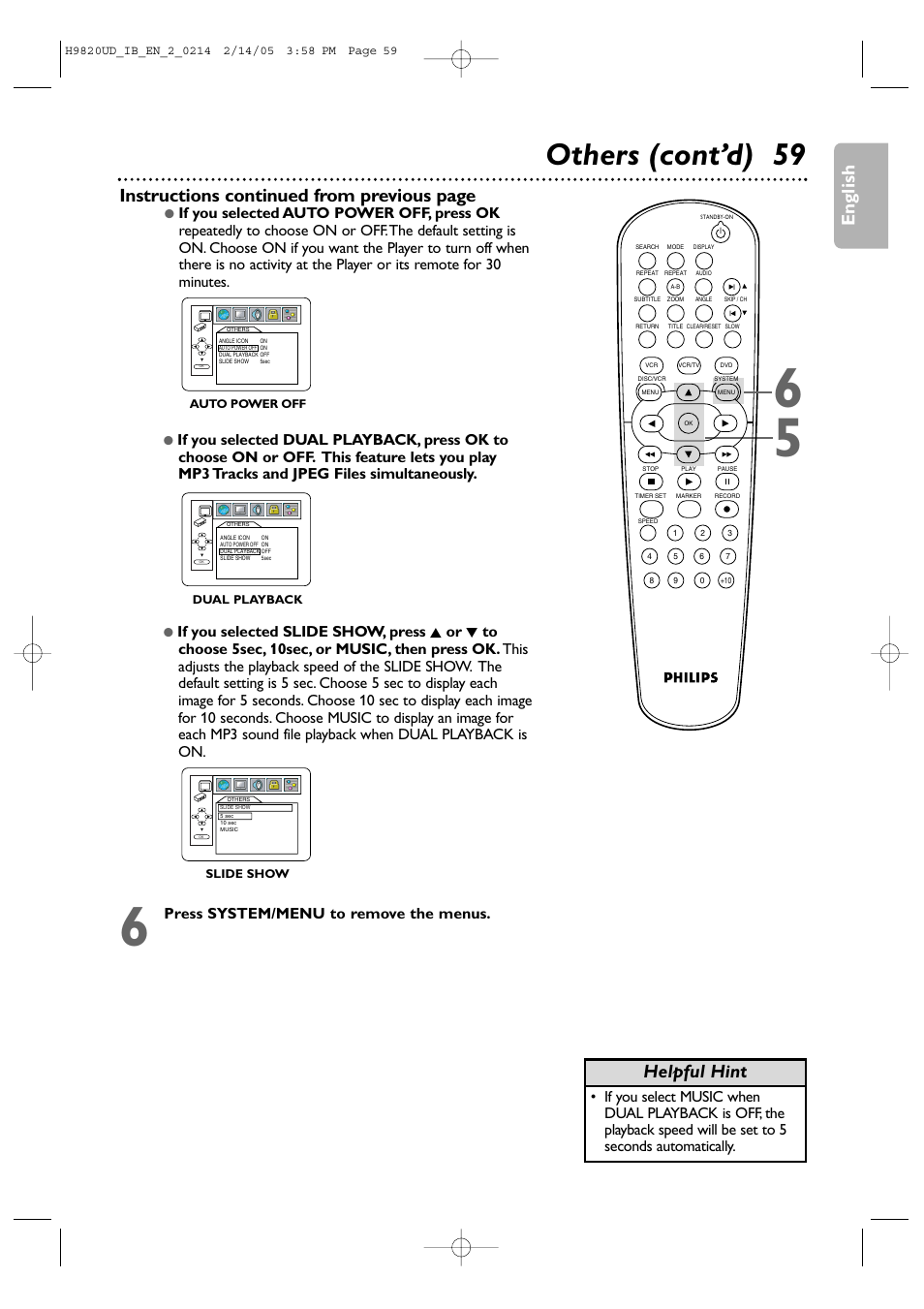 Others (cont’d) 59, English instructions continued from previous page, Helpful hint | Philips DVP3050V/37 User Manual | Page 59 / 66