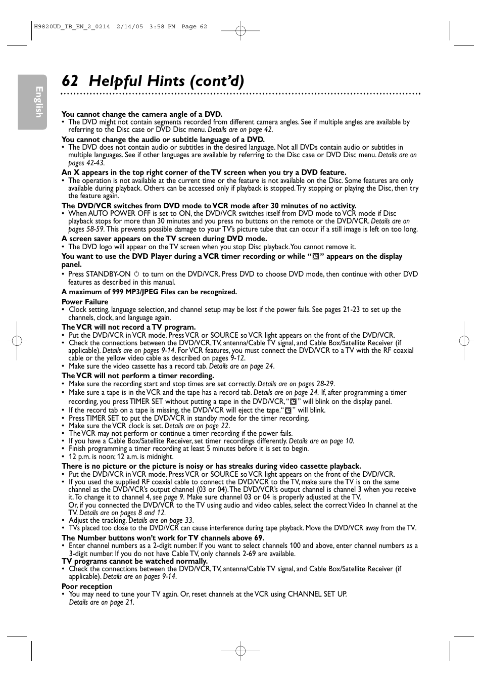 62 helpful hints (cont’d) | Philips DVP3050V/37 User Manual | Page 62 / 66