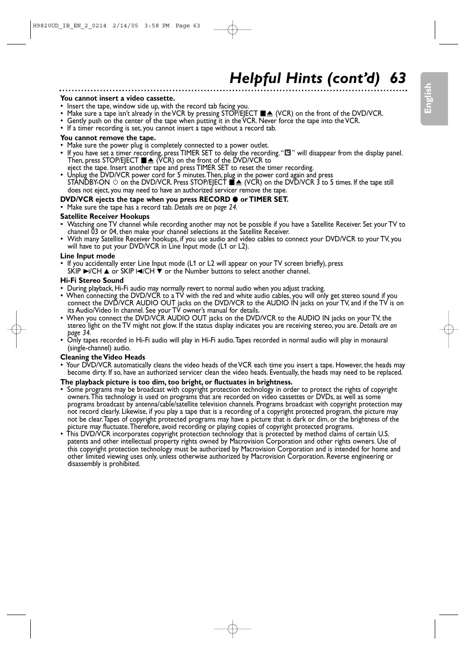 Helpful hints (cont’d) 63 | Philips DVP3050V/37 User Manual | Page 63 / 66