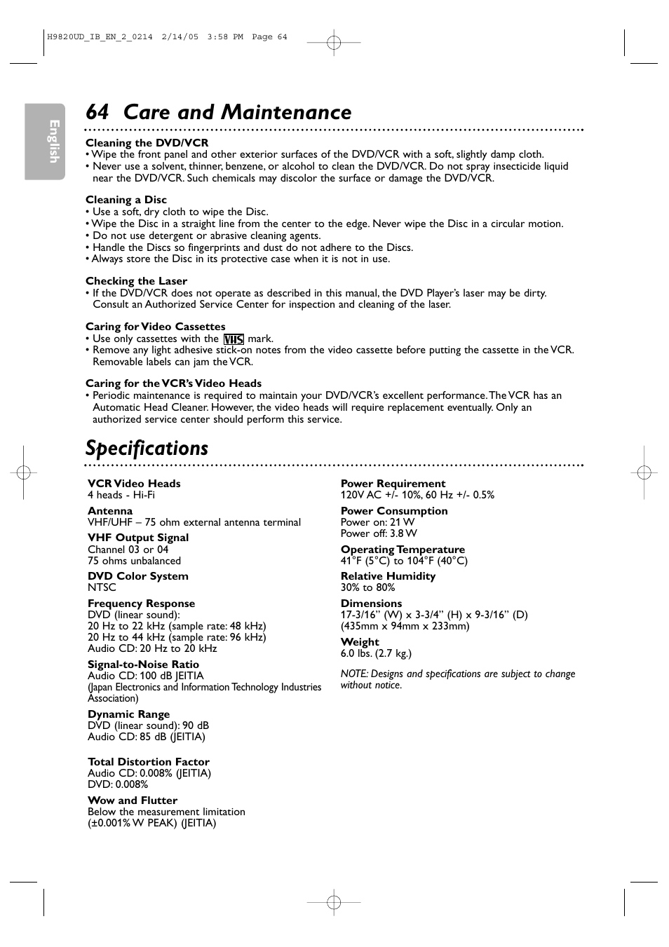 64 care and maintenance, Specifications | Philips DVP3050V/37 User Manual | Page 64 / 66