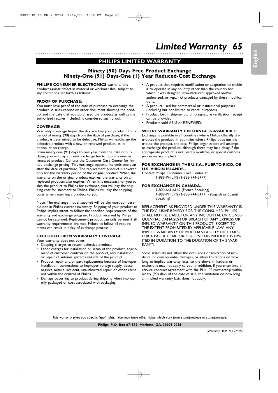 Limited warranty 65, English | Philips DVP3050V/37 User Manual | Page 65 / 66