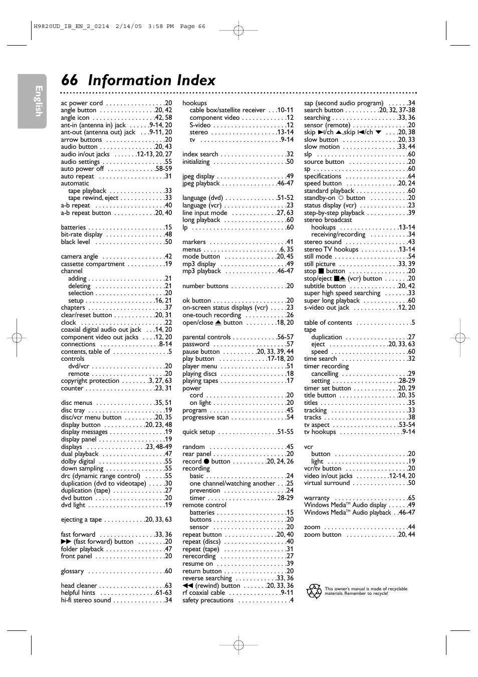 66 information index, English | Philips DVP3050V/37 User Manual | Page 66 / 66