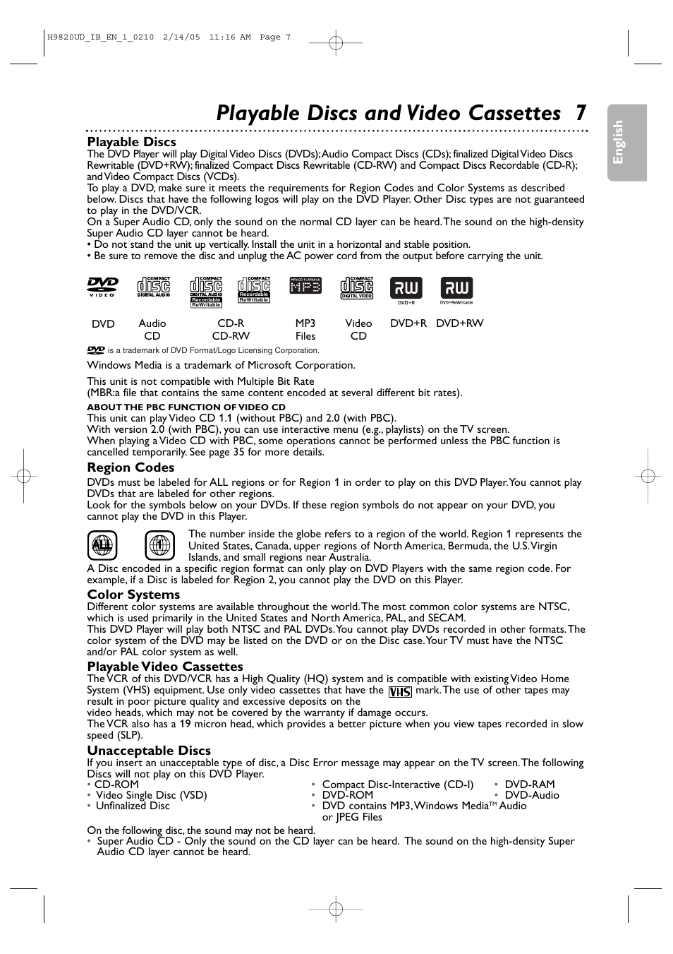 Playable discs and video cassettes 7 | Philips DVP3050V/37 User Manual | Page 7 / 66