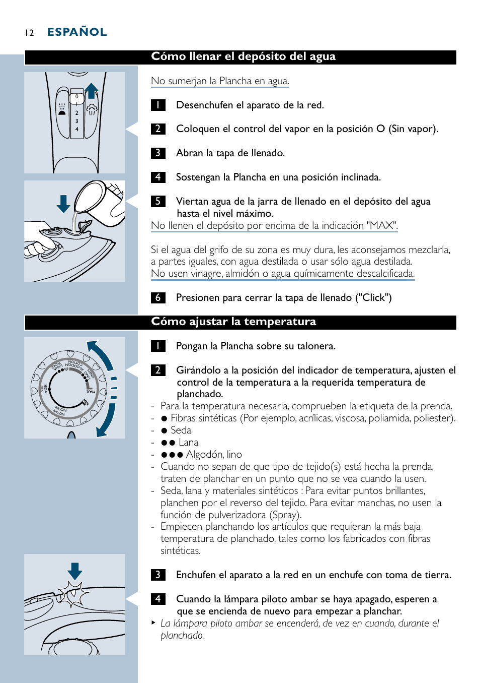 Cómo llenar el depósito del agua, Cómo ajustar la temperatura, Español | 1pongan la plancha sobre su talonera | Philips GC3035 User Manual | Page 12 / 36