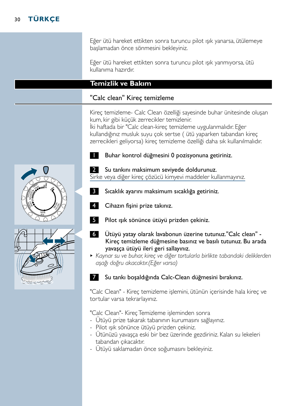 Temizlik ve bakım "calc clean" kireç temizleme, Türkçe | Philips GC3035 User Manual | Page 30 / 36