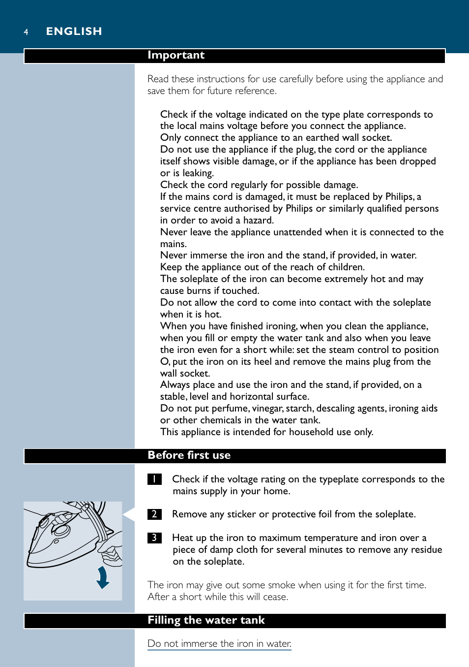 English 4 | Philips GC3035 User Manual | Page 4 / 36