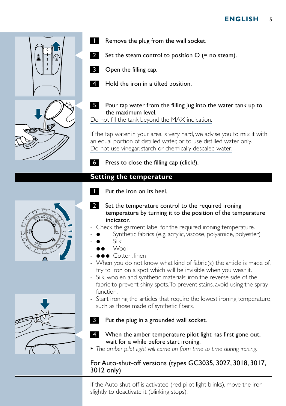 Setting the temperature, English, 1remove the plug from the wall socket | 1put the iron on its heel | Philips GC3035 User Manual | Page 5 / 36