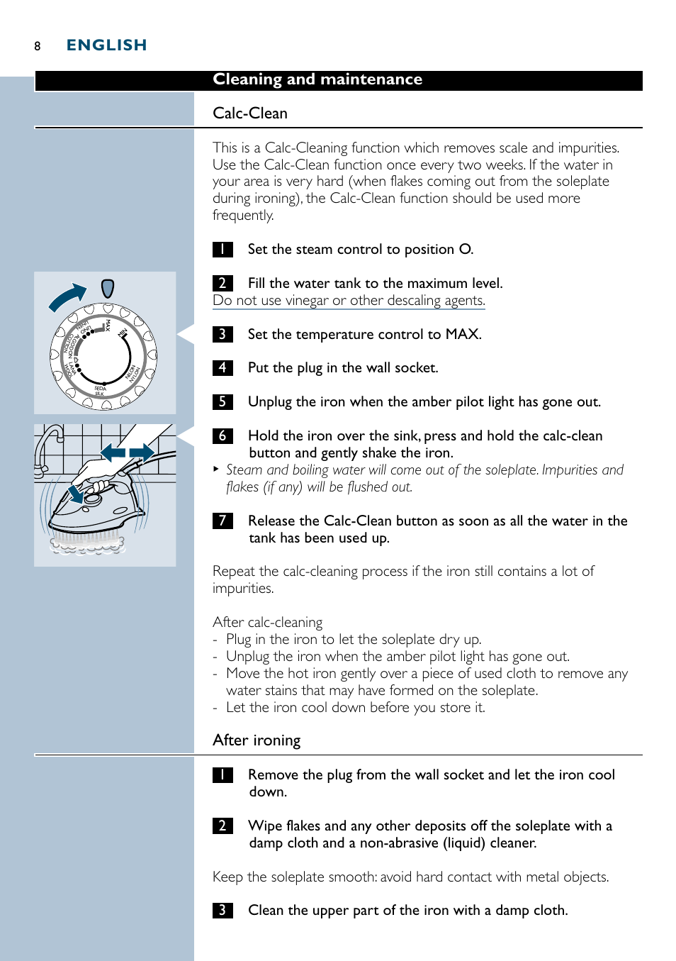 Cleaning and maintenance calc-clean, After ironing, English | Philips GC3035 User Manual | Page 8 / 36