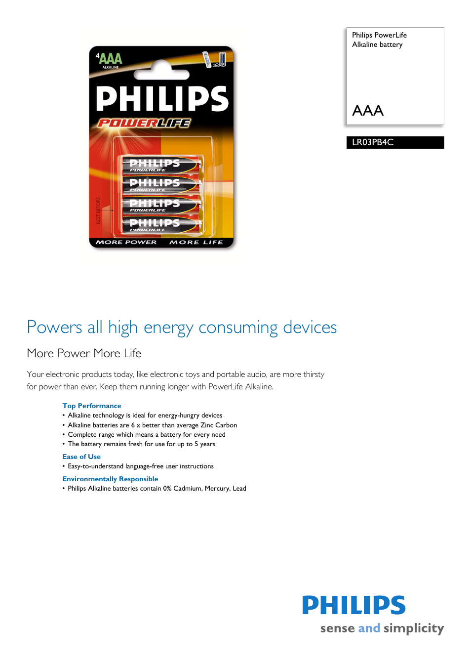 Philips Power Life LR03PB4C User Manual | 2 pages