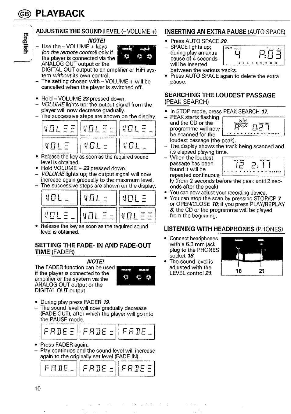 Uni z, U n i z, Setting the fadetime (fader) | In and fade-out, Searching the loudest passage, Listening with headphones (phones), Playback, F f i 3 e | Philips CD 740 User Manual | Page 10 / 20