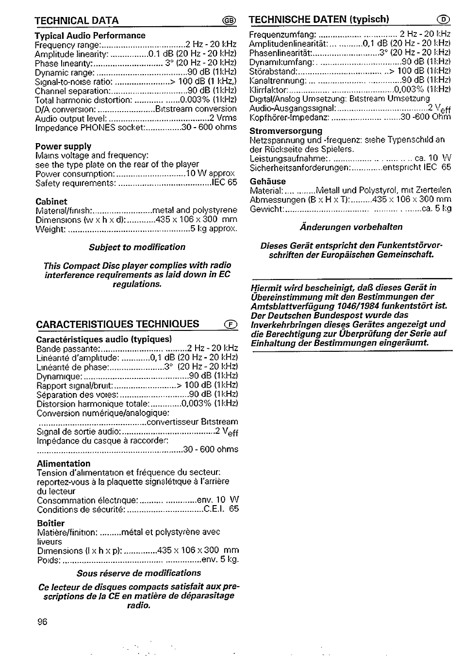 Caracteristiques techniques <f) | Philips CD 740 User Manual | Page 16 / 20