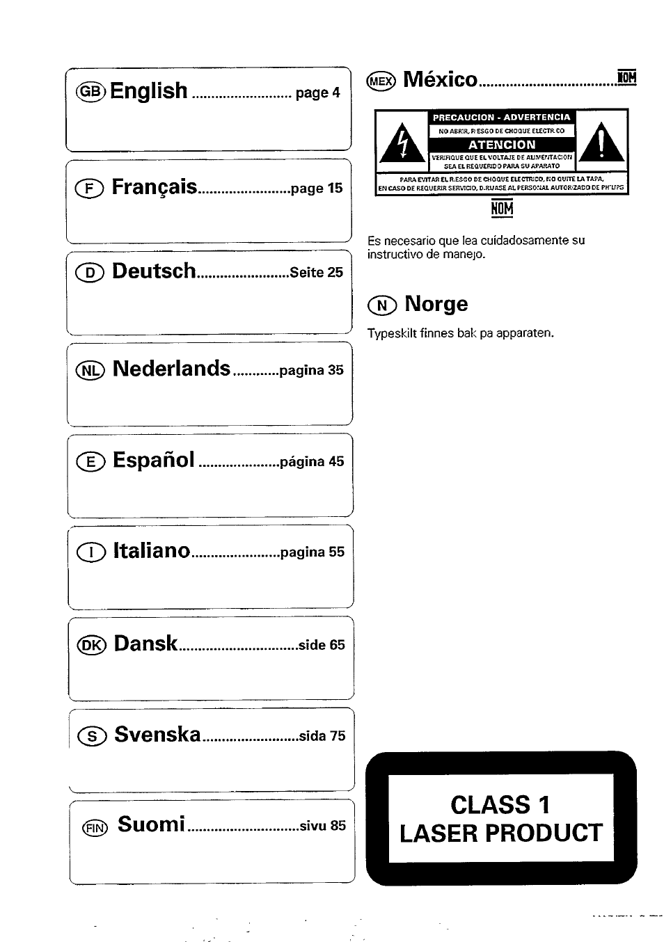 México им, Norge, México....................... им | Ce) français, E) deutsch, Nederlands, Ce) español, T) italiano, Dansk, Cd svenska | Philips CD 740 User Manual | Page 2 / 20