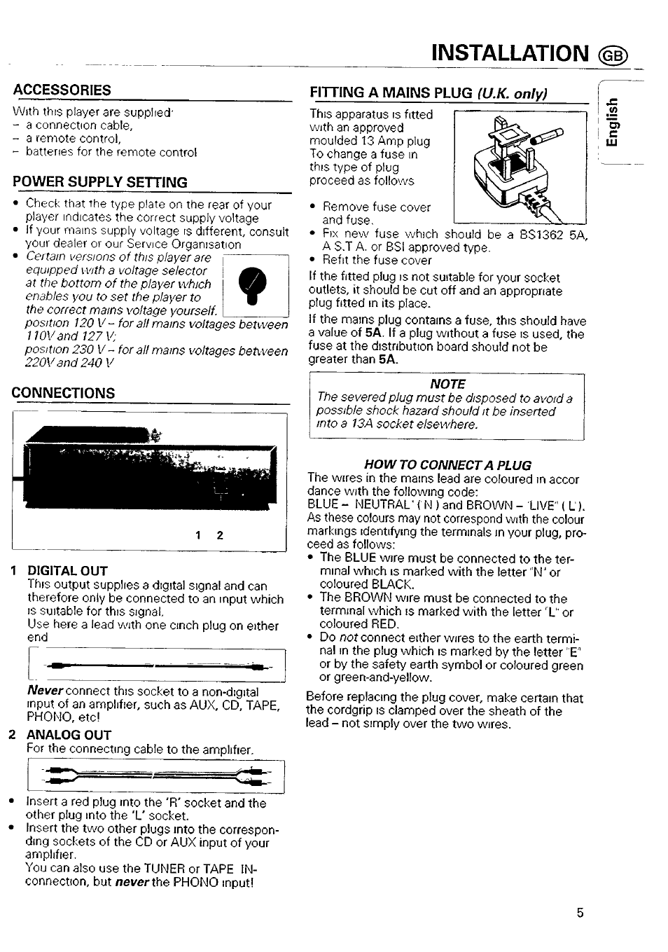 Accessories, Power supply settiimg, Fitting a mains plug (u.k. only) | Installation | Philips CD 740 User Manual | Page 5 / 20