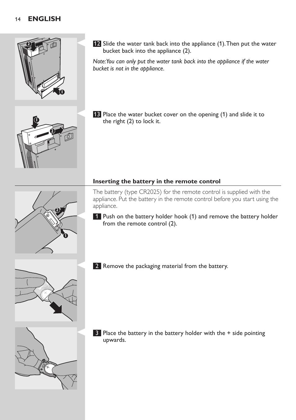 Inserting the battery in the remote control | Philips AC4083 User Manual | Page 14 / 74