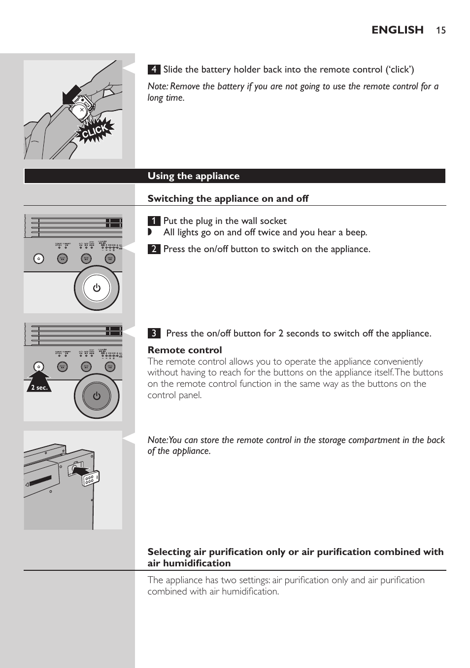 Using the appliance, Switching the appliance on and off, Remote control | Philips AC4083 User Manual | Page 15 / 74