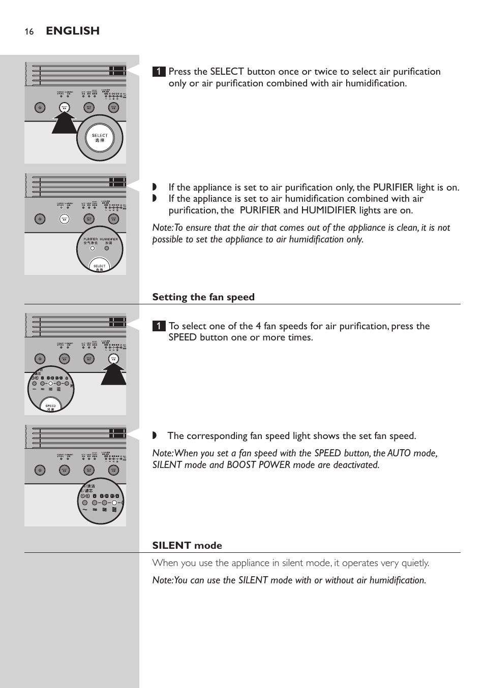Setting the fan speed, Silent mode | Philips AC4083 User Manual | Page 16 / 74