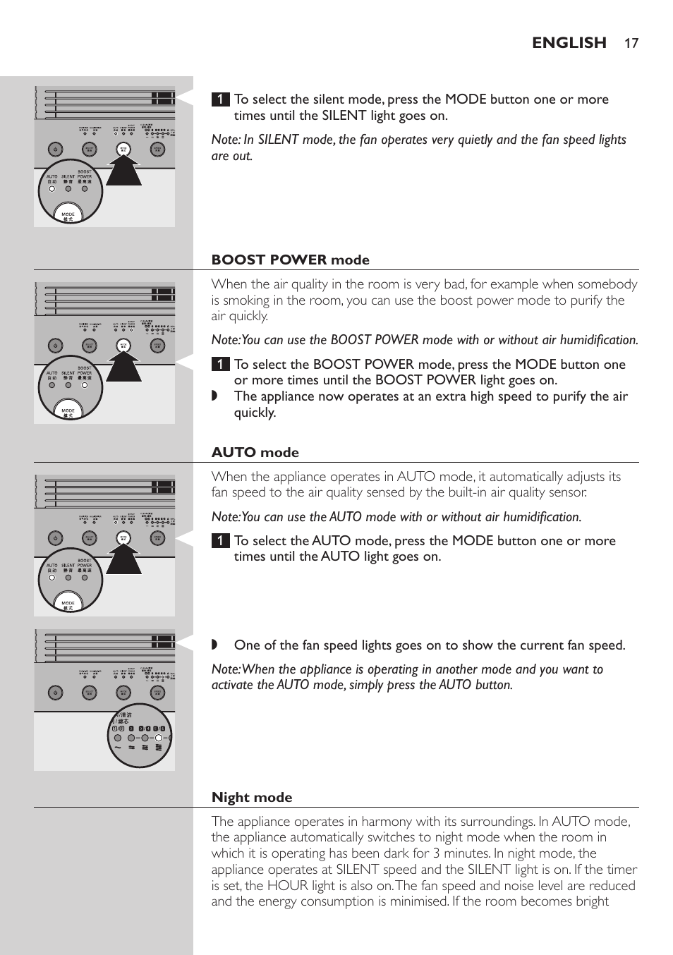 Boost power mode, Auto mode, Night mode | Philips AC4083 User Manual | Page 17 / 74