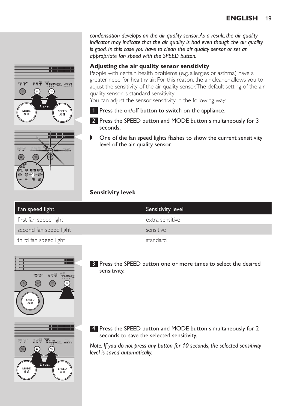 Adjusting the air quality sensor sensitivity, Sensitivity level | Philips AC4083 User Manual | Page 19 / 74