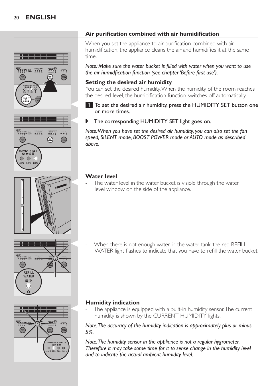Air purification combined with air humidification, Setting the desired air humidity, Water level | Humidity indication | Philips AC4083 User Manual | Page 20 / 74