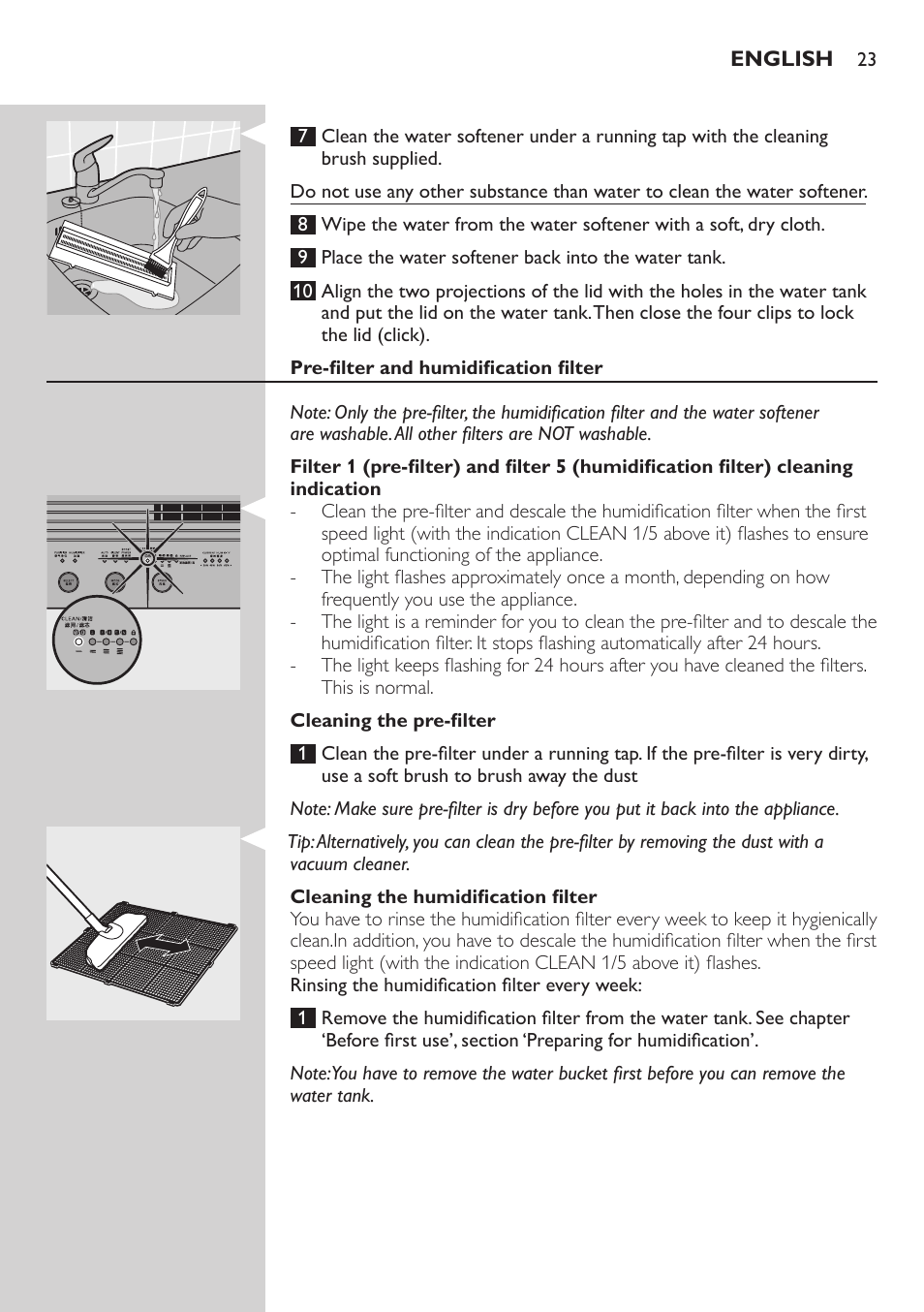 Pre-filter and humidification filter, Cleaning the pre-filter, Cleaning the humidification filter | Philips AC4083 User Manual | Page 23 / 74