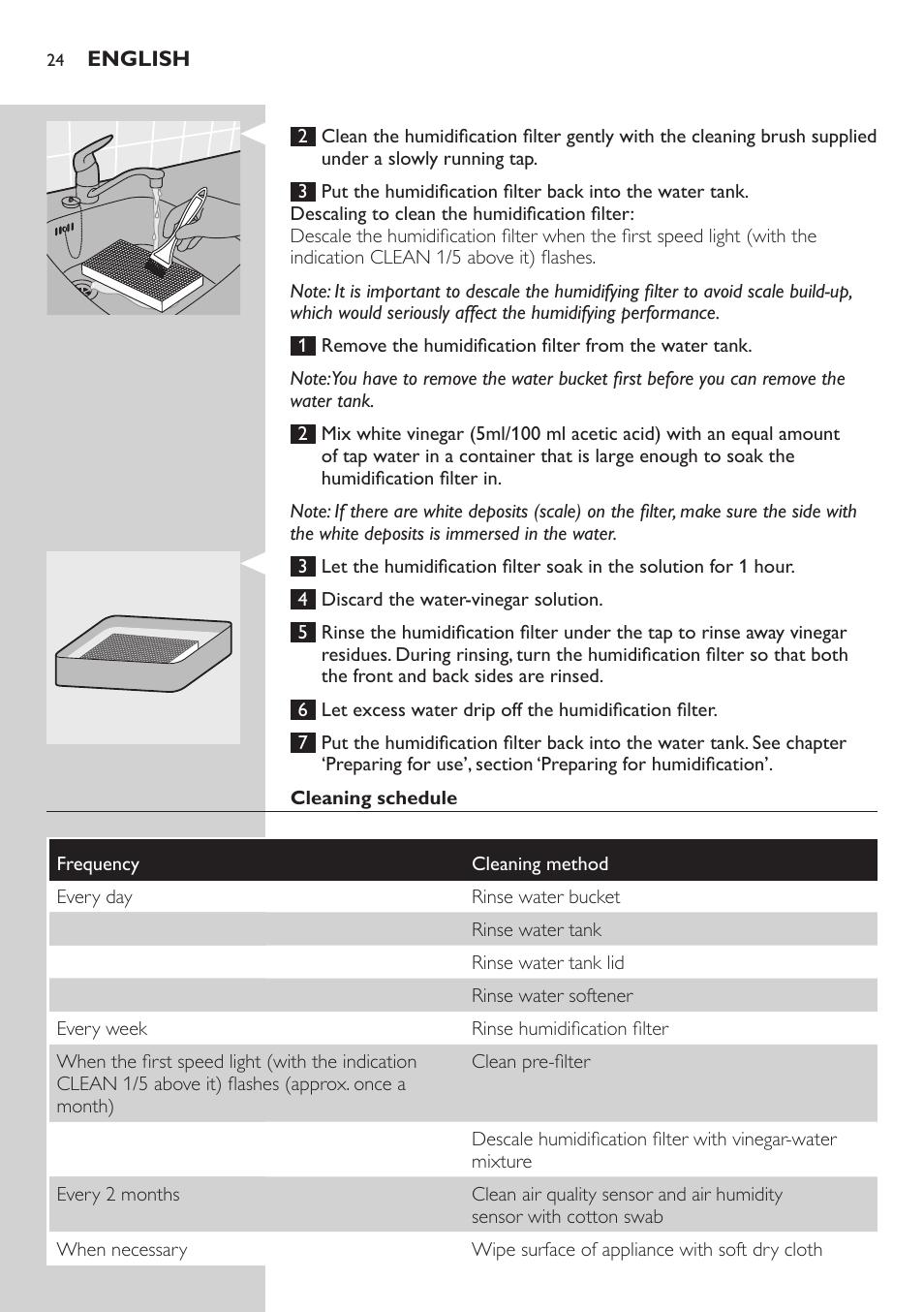 Cleaning schedule | Philips AC4083 User Manual | Page 24 / 74