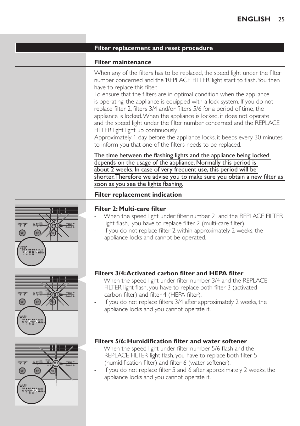 Filter replacement and reset procedure, Filter maintenance, Filter replacement indication | Filter 2: multi-care filter | Philips AC4083 User Manual | Page 25 / 74