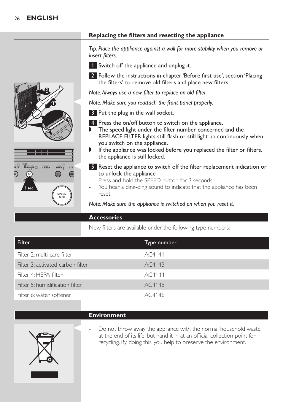 Replacing the filters and resetting the appliance, Accessories, Environment | Philips AC4083 User Manual | Page 26 / 74