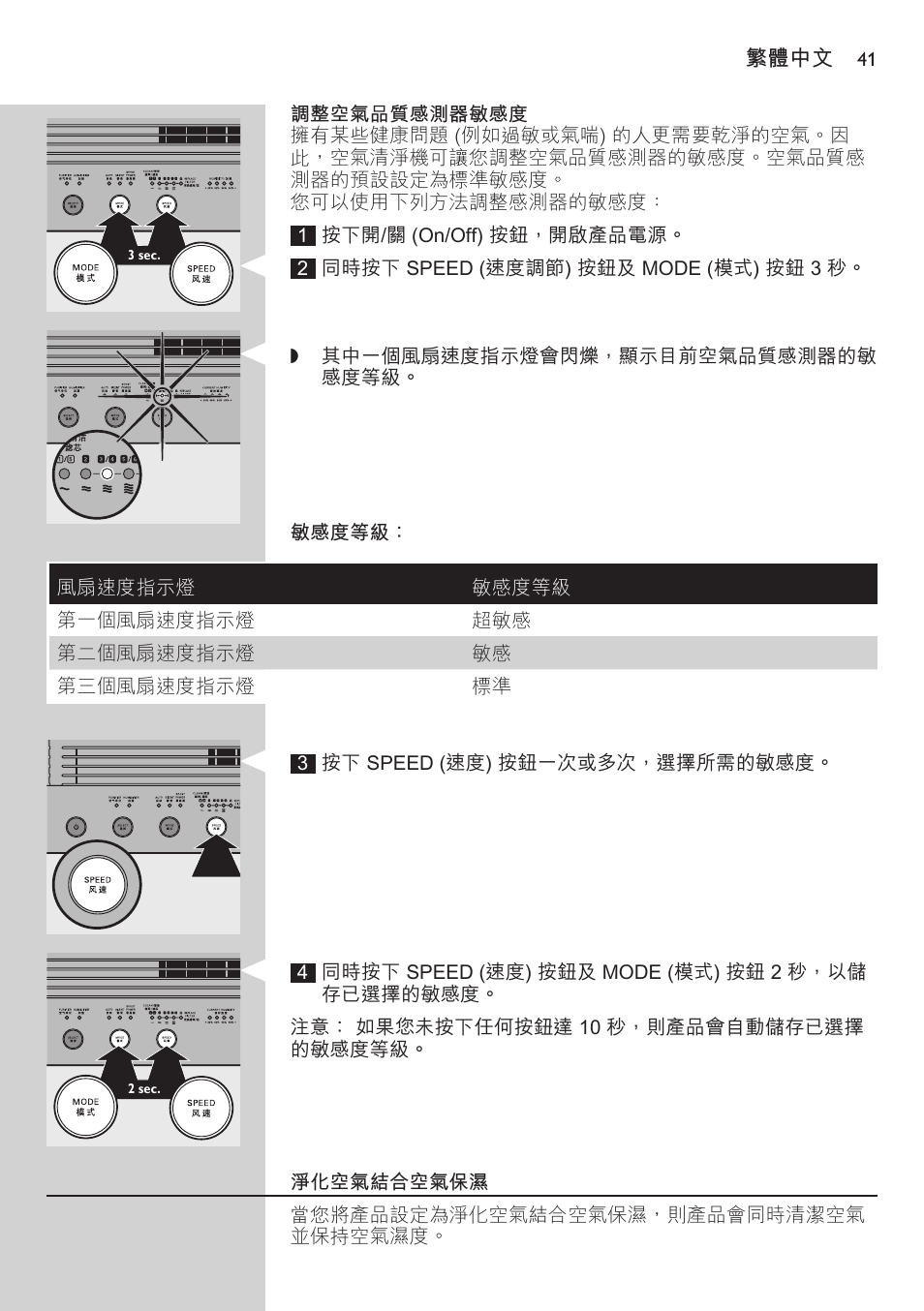 調整空氣品質感測器敏感度, 敏感度等級, 淨化空氣結合空氣保溼 | Philips AC4083 User Manual | Page 41 / 74