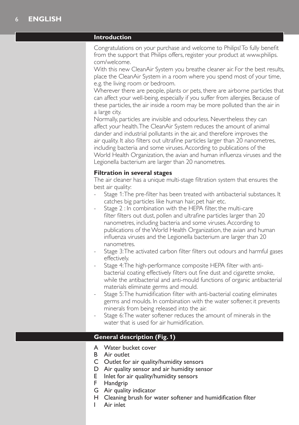 English, Introduction, Filtration in several stages | General description (fig. 1) | Philips AC4083 User Manual | Page 6 / 74