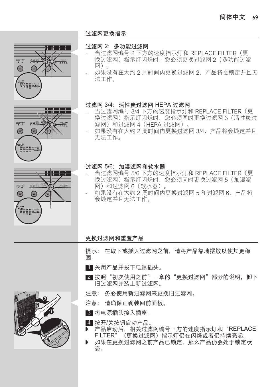 过滤网更换指示, 过滤网 2：多功能过滤网, 过滤网 3/4：活性炭过滤网 hepa 过滤网 | 过滤网 5/6：加湿滤网和软水器, 更换过滤网和重置产品 | Philips AC4083 User Manual | Page 69 / 74