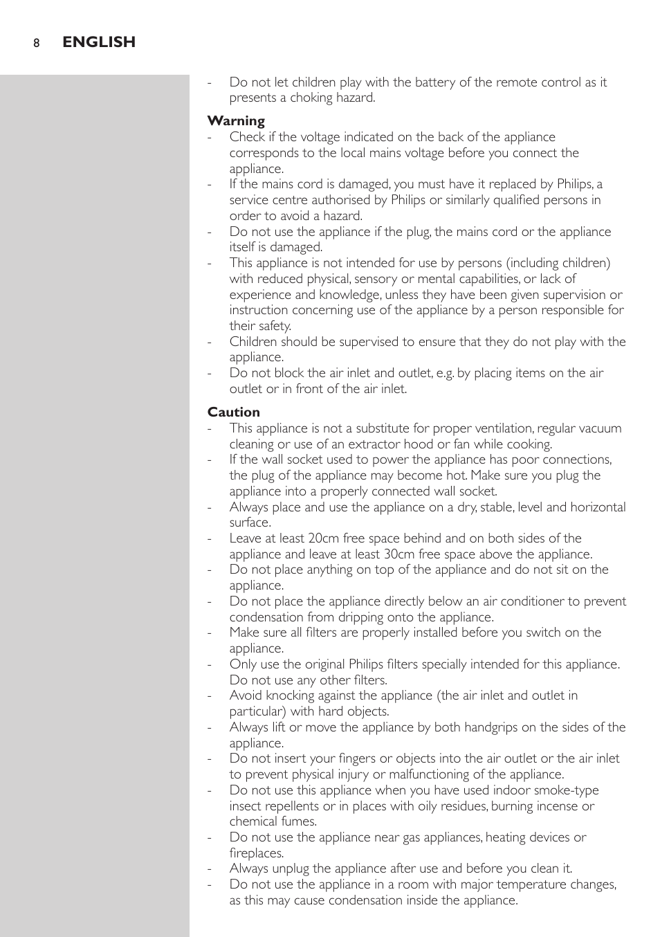 Warning, Caution | Philips AC4083 User Manual | Page 8 / 74