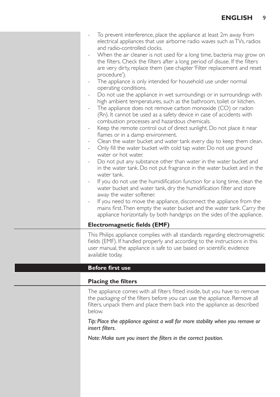 Electromagnetic fields (emf), Before first use, Placing the filters | Philips AC4083 User Manual | Page 9 / 74